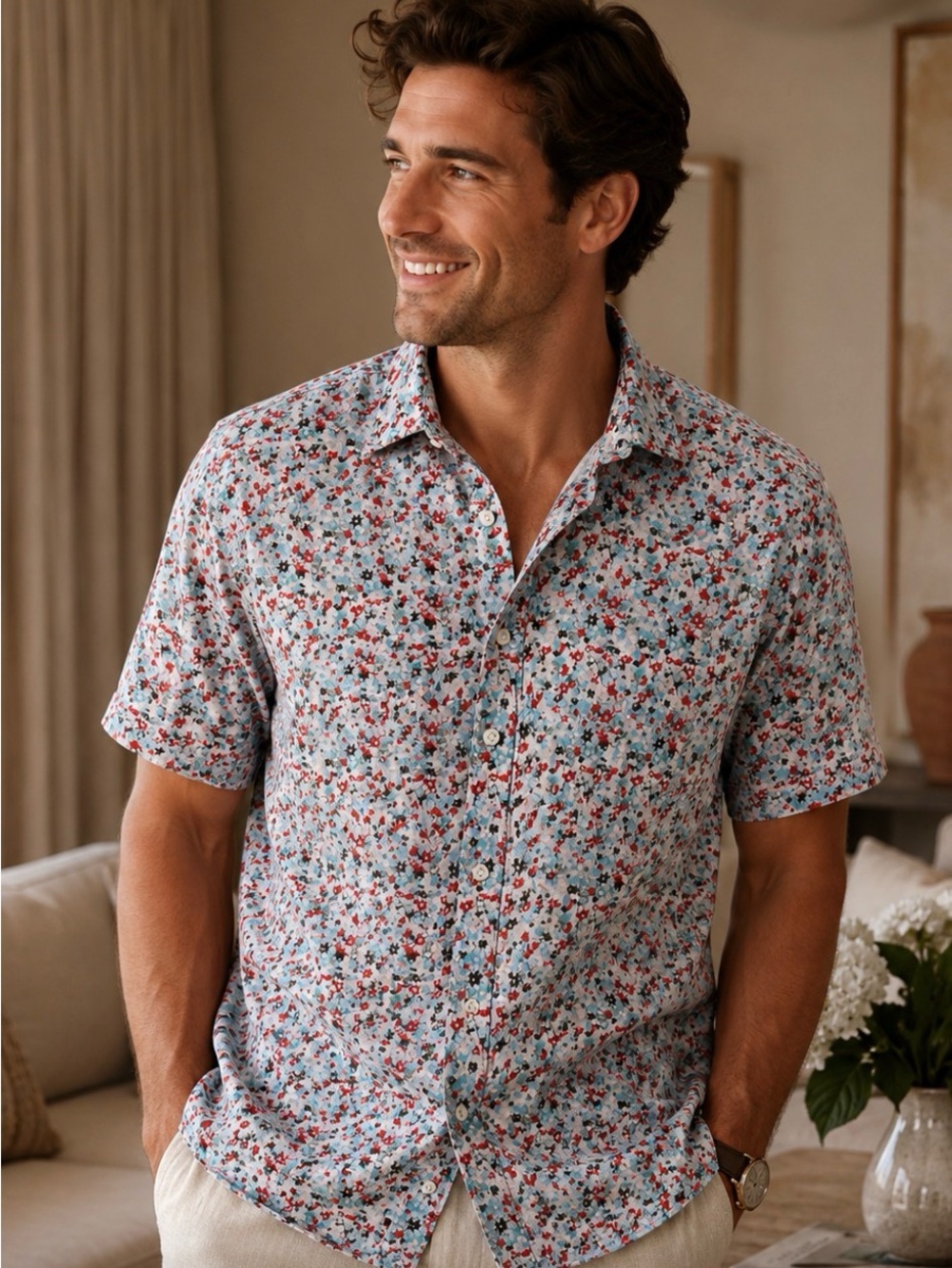 Banana Republic Men’s Linen/Cotton Casual Floral Button-Down Shirt, Size M